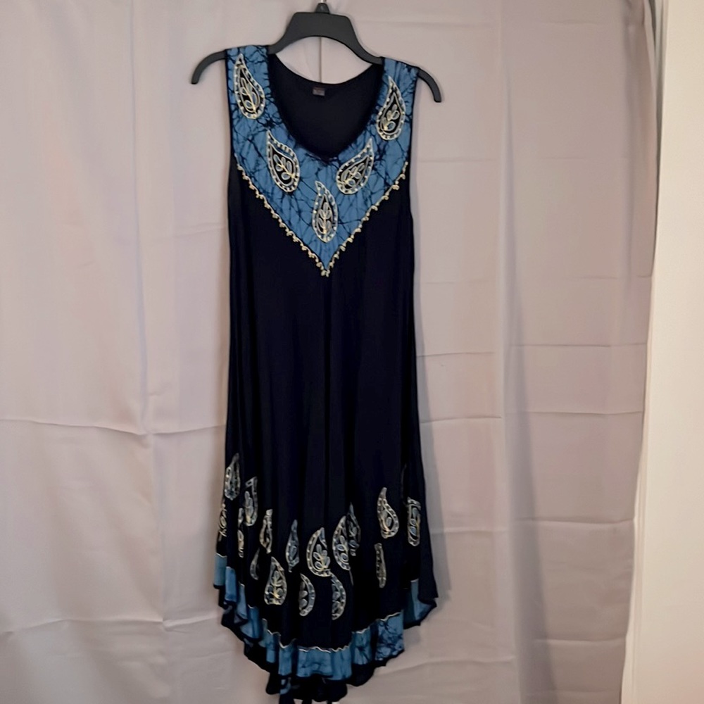 Vintage Dark Blue summer dress with light blue designs